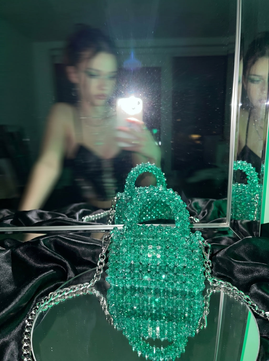 🌸 Emerald Aura Mini – Handmade Green Crystal Bag