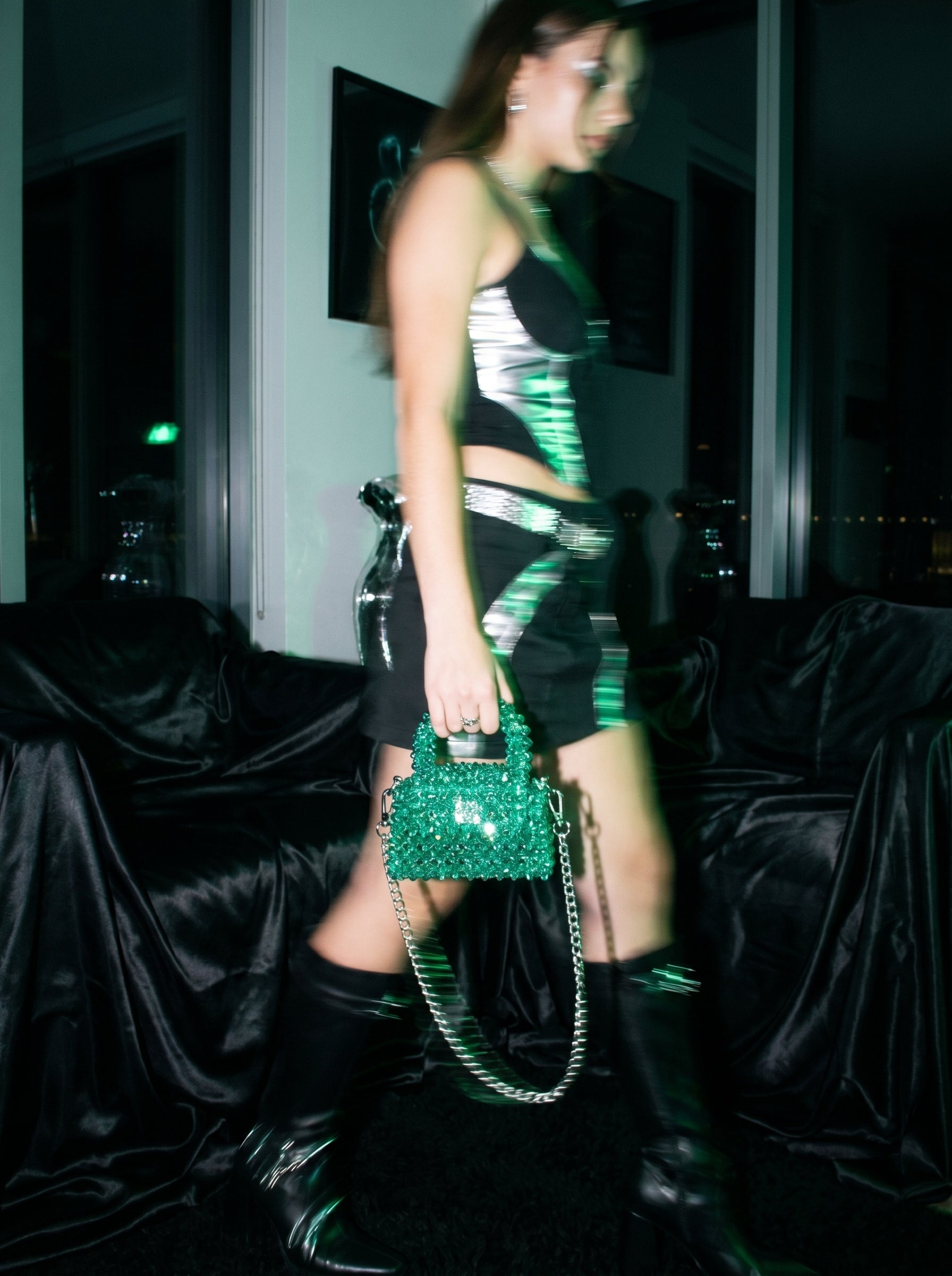 🌸 Emerald Aura Mini – Handmade Green Crystal Bag
