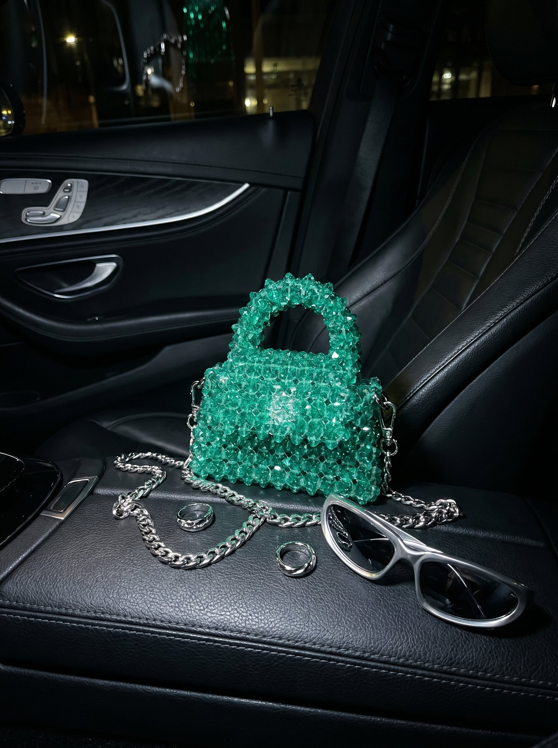 🌸 Emerald Aura Mini – Handmade Green Crystal Bag